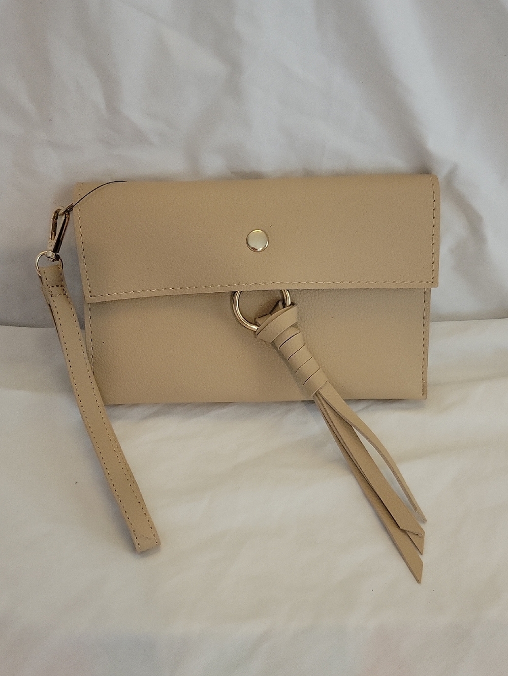 Chico's Foldover Tan Tassel Convertible Crossbody with Gold Accents